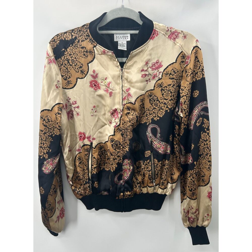 VTG Allison Taylor 100% Silk Floral Bomber Cherry Blossom Asian Inspired M